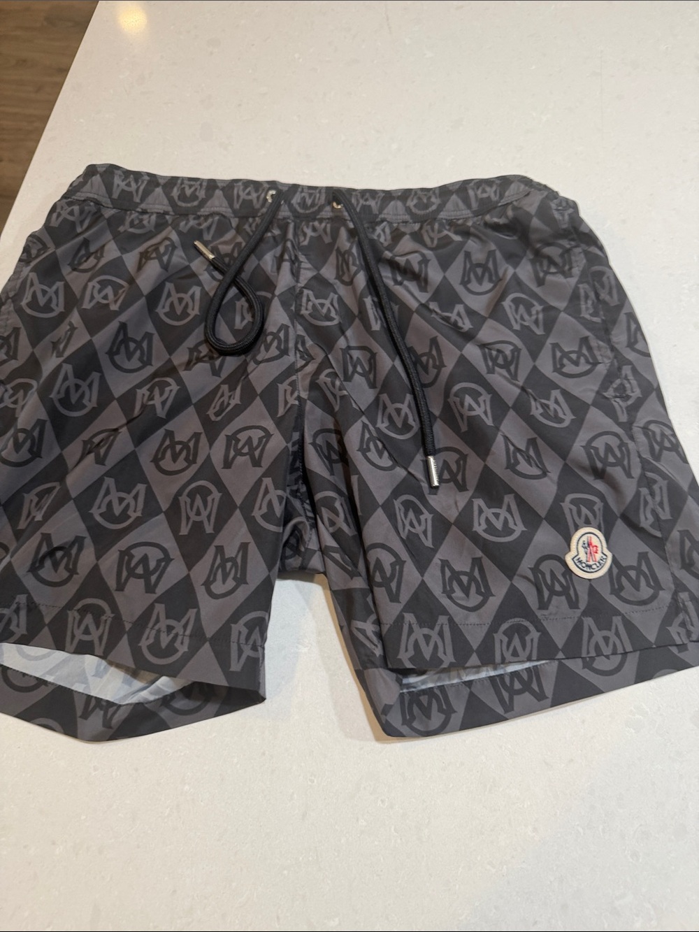 Moncler Black and Gray All-Over Logo Swim Shorts